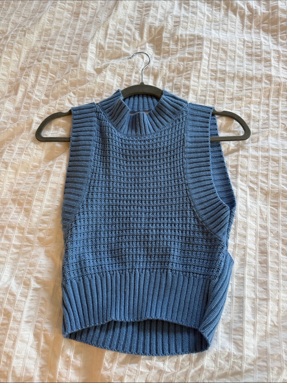 Sleeveless Blue Knit Mock Neck Top